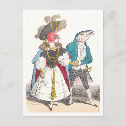 J.J. Grandville Illustratie van Vogel en Vis Briefkaart (Voorkant)