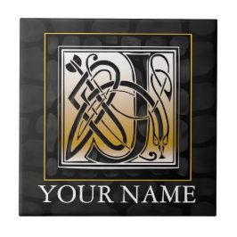 J "Jouw naam" Celtic Black Stone Monogram Tile Tegeltje