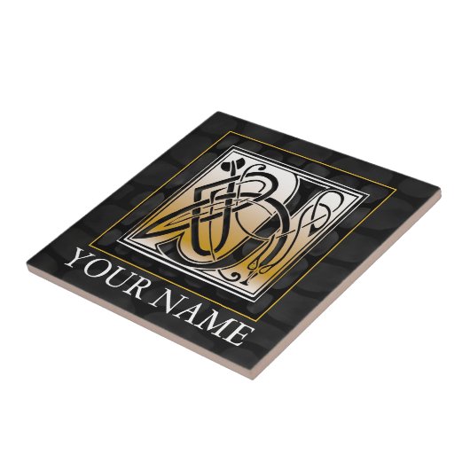 J "Jouw naam" Celtic Black Stone Monogram Tile Tegeltje (Zijkant)
