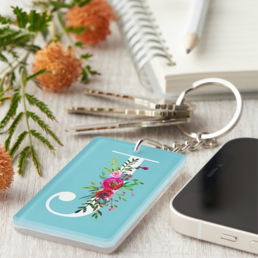 J Letter Initiaal Monogram Floral Custom Kleur Sleutelhanger (Voorkant Rechts)