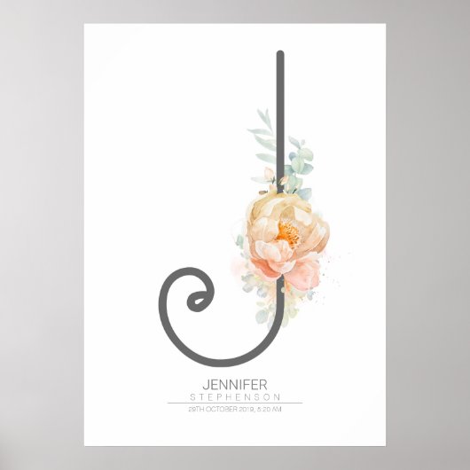 J Letter Monogram Blush Peach Floral Home Decor Poster (Voorkant)