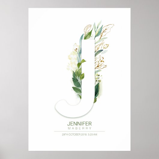 J Letter Monogram Gold Greenery Foliage Chic Poster (Voorkant)