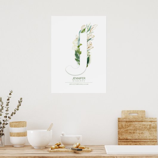 J Letter Monogram Gold Greenery Foliage Chic Poster (Keuken)