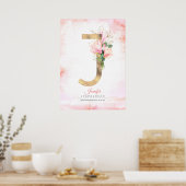 J Letter Monogram Goud Bladeren Roze Magnolia Bloe Poster (Keuken)