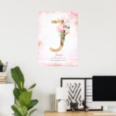 J Letter Monogram Goud Bladeren Roze Magnolia Bloe Poster (Thuiskantoor)