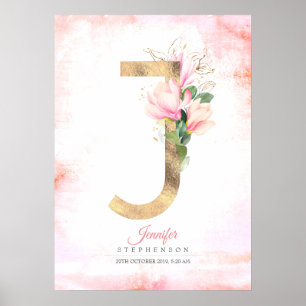 J Letter Monogram Goud Bladeren Roze Magnolia Bloe Poster
