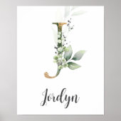 J Letter Monogram Groene Nursery Naam Muurprint Poster (Voorkant)
