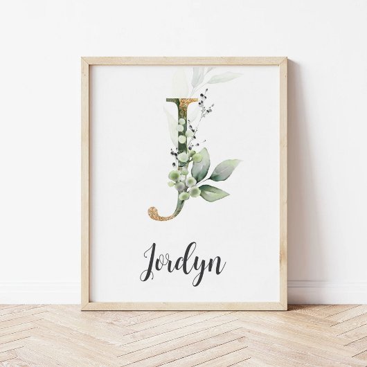 J Letter Monogram Groene Nursery Naam Muurprint Poster