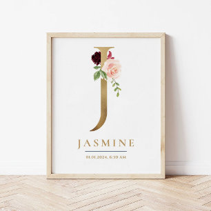 J Letter Monogram Naam Marsala Bloemenkwekerij Poster