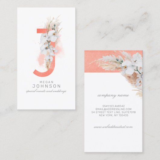 J Letter Monogram White Orchids and Pampas Grass Visitekaartje (Voorkant / Achterkant)