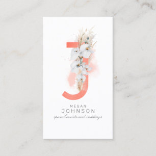 J Letter Monogram White Orchids and Pampas Grass Visitekaartje