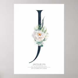 J Letter Monogram Witte Bloemen en Groene Planten Poster
