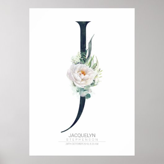 J Letter Monogram Witte Bloemen en Groene Tinten Poster (Voorkant)