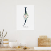 J Letter Monogram Witte Bloemen en Groene Tinten Poster (Keuken)