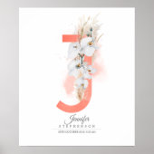 J Letter Monogram Witte Orchideeën en Pampagras Poster (Voorkant)