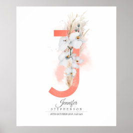 J Letter Monogram Witte Orchideeën en Pampagras Poster