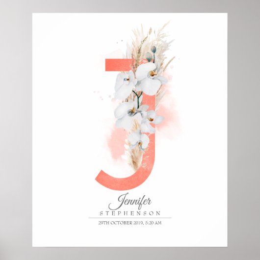 J Letter Monogram Witte Orchideeën en Pampagras Poster (Voorkant)
