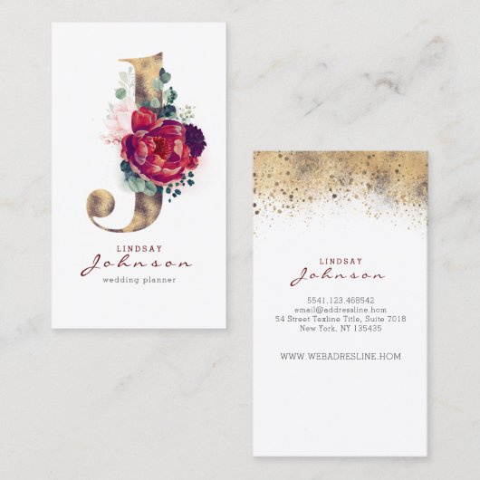 J Monogram Bourgogne Rode bloemen en Faux Gold Visitekaartje (Voorkant / Achterkant)