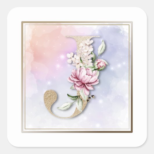 J Monogram Burgundy Floral Square Sticker (Voorkant)