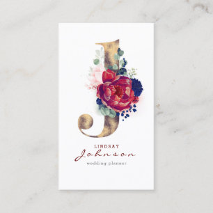 J Monogram Burgundy Gold en Navy Blue Floral Visitekaartje