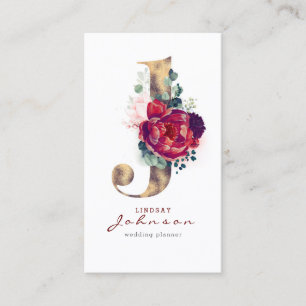 J Monogram Burgundy Red Flowers en Faux Gold Visitekaartje