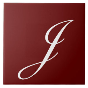J Monogram Initiaal Wit op Maroon Tegeltje