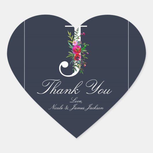 J Monogram Laatste Initiaal Modern Blue Floral Wed Hart Sticker (Voorkant)