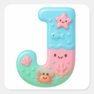 "J" Schattige Letter - Onderwater Zeedier Vierkante Sticker