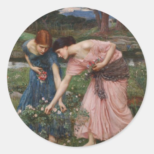 J.W. Waterhouse Gather Ye Rosebuds Ronde Sticker (Voorkant)