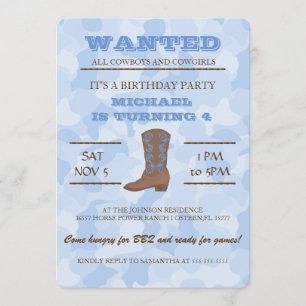 Ja! Blue Cowboy Birthday Party Invitation Kaart