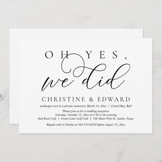 Ja, dat deden we, bruiloft Elopement Kaart (Voorkant / Achterkant)