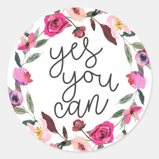 Ja dat kan, Inspirerend Quote, Boho bloemenroze Ronde Sticker (Voorkant)