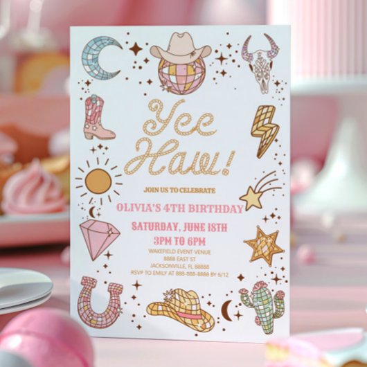 Ja, Haw! Retro Disco Cowgirl Rodeo Verjaardagsfees Kaart