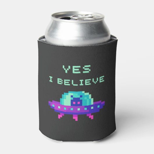 Ja, ik geloof Alien Flying UFO-ruimteschip Pixel A Blikjeskoeler (Blikje Voorkant)