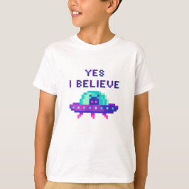 Ja ik geloof Alien Flying UFO Ruimteschip Pixel Ar T-shirt