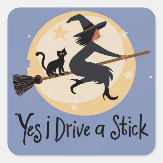 Ja, ik rijd een stok Stickers, heks en zwarte kat, Vierkante Sticker (Voorkant)