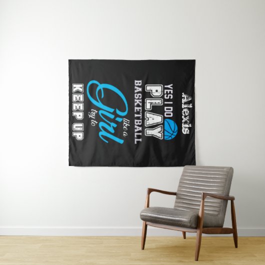 Ja, ik speel Basketball als een meisje blauw Wandkleed (In Situ (horizontaal))