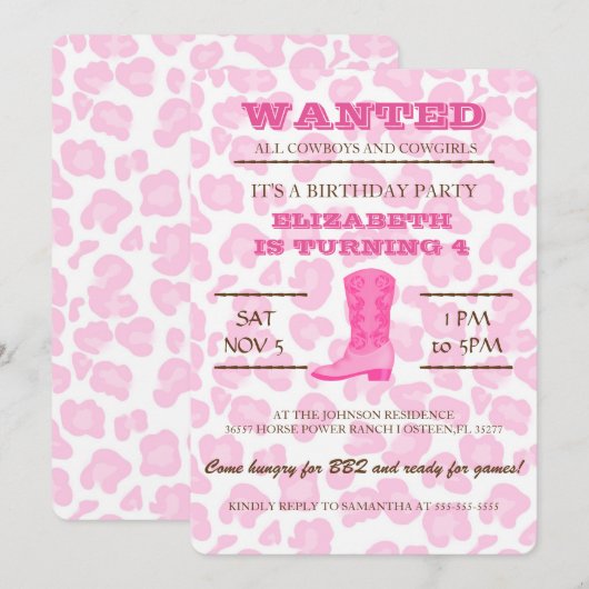Ja! Roze Cowgirl Uitnodiging (Voorkant / Achterkant)