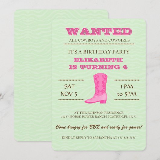 Ja! Roze Cowgirl Uitnodiging (Voorkant / Achterkant)