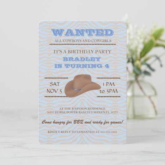 Ja! Uitnodiging van Brown Cowboy Birthday Party (Staand voorkant)