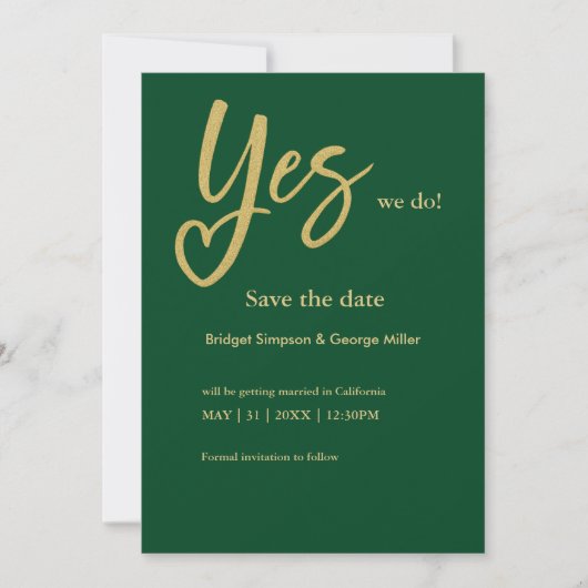 Ja We Do smaragdgroen Goud save the date card (Voorkant)