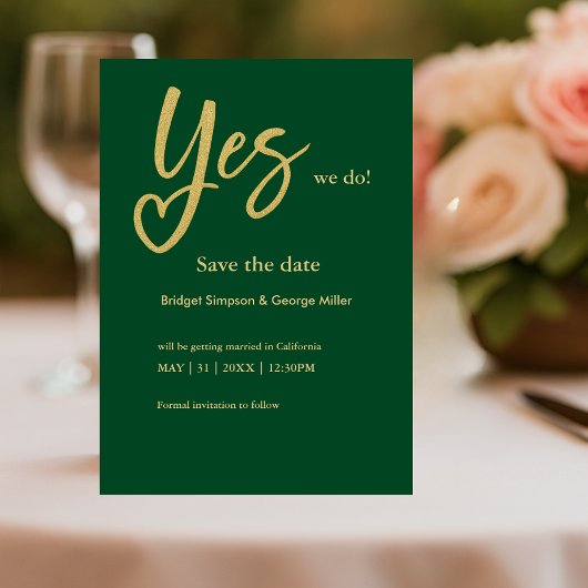 Ja We Do smaragdgroen Goud save the date card