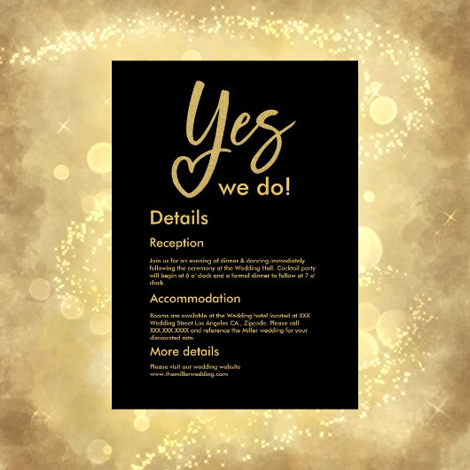 Ja We doen elegante Black Gold bruiloft Informatiekaartje