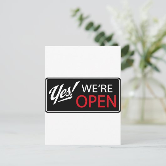 Ja, we zijn open! briefkaart (Staand voorkant)