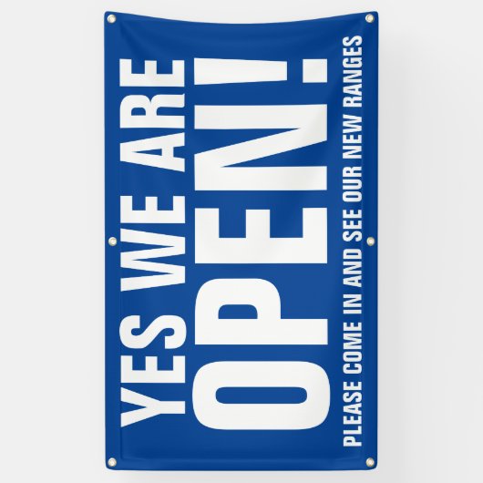 Ja we zijn open komen in blauwe bewegwijzering spandoek (Verticaal)