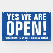 Ja we zijn open komen in blauwe bewegwijzering spandoek (Horizontaal)