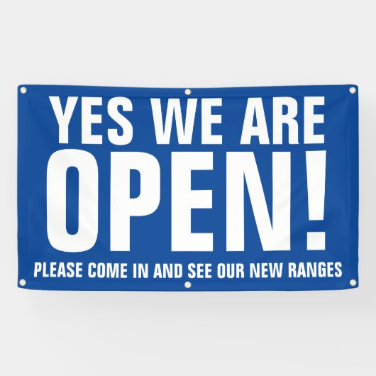 Ja we zijn open komen in blauwe bewegwijzering spandoek (Horizontaal)