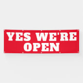 Ja, we zijn open, rode, witte, buitenshuis spandoek (Horizontaal)