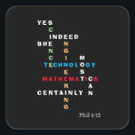 JA ZE KAN STEM Motivatie Vierkante Sticker<br><div class="desc">JA ZE KAN STEM Sticker met Christelijk Bijbelvers Motivatie. Deze inspirerend Sticker shows de woorden WETENSCHAP, TECHNOLOGIE, ENGINEERING en MATHEMATIEK - ook bekend als STEM - gecombineerd in een origineel kruiswoordontwerp met de motivatie inspirerend prijsopgave JA, ZE KAN ZEKER ZEKER. De kleuren van de STEM-onderwerpen zijn groen (Wetenschap), blauw (Technologie),...</div>