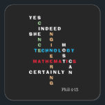 JA ZE KAN STEM Motivatie Vierkante Sticker<br><div class="desc">JA ZE KAN STEM Sticker met Christelijk Bijbelvers Motivatie. Deze inspirerend Sticker shows de woorden WETENSCHAP, TECHNOLOGIE, ENGINEERING en MATHEMATIEK - ook bekend als STEM - gecombineerd in een origineel kruiswoordontwerp met de motivatie inspirerend prijsopgave JA, ZE KAN ZEKER ZEKER. De kleuren van de STEM-onderwerpen zijn groen (Wetenschap), blauw (Technologie),...</div>